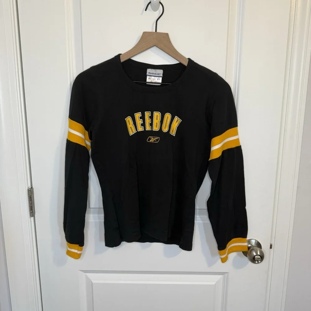 VTG Reebok Long Sleeve T Shirt Youth Size Large Yellow Black 100% Cotton 90's